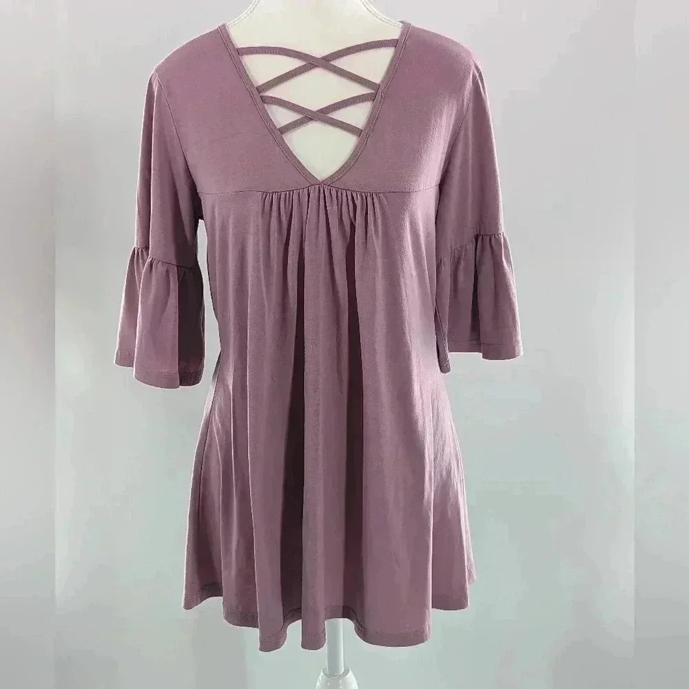 Shirley And Stone Pinkish Purple 3/4 Sleeve Dress Women's Size Small V Cutout